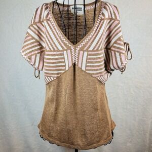 Savanna Jane Small Womens Embroidered Short Sleeve V Neck Top Shirt Brown w/Pink